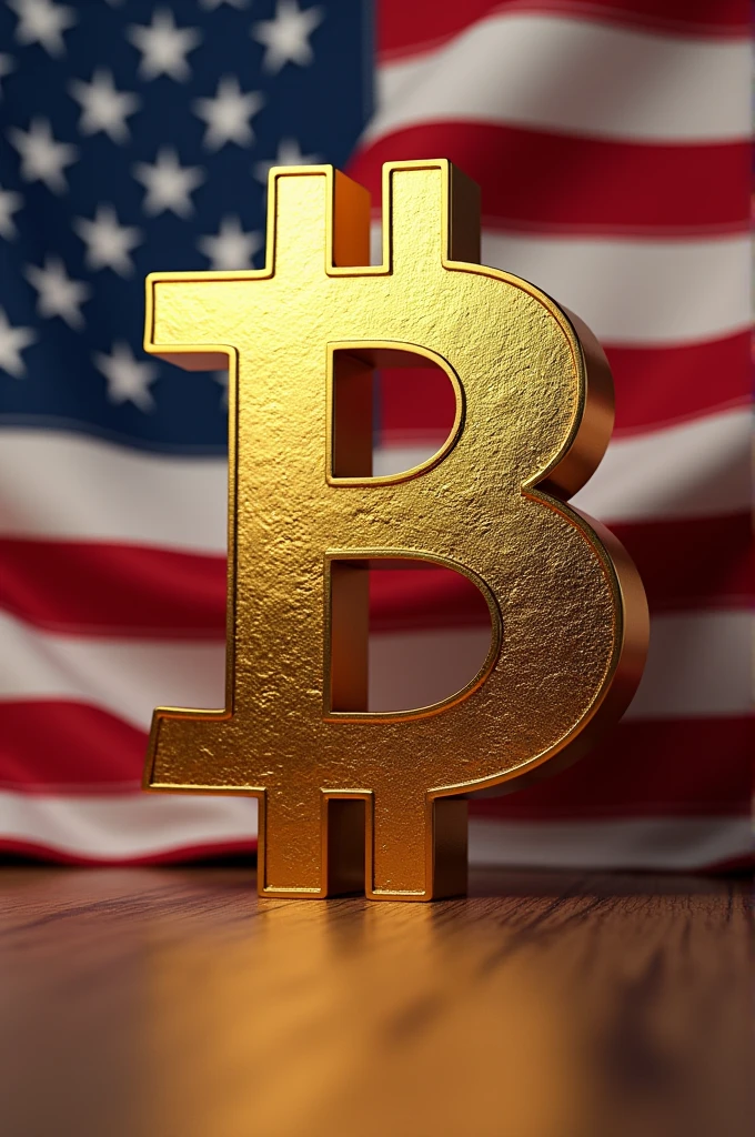 American flag background、A large illustration of a golden Bitcoin symbol