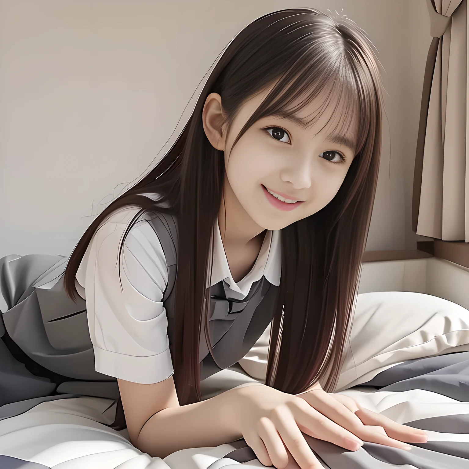 (highest quality, masterpiece, high resolution:1.2), 4K, (Photo quality detailed face: 1.4), (Giorgione painting style: 0.8), geometry, ( yo cute girly Japanese girl is showing her back of skirt and turning her face to me: 1.6), (She is laying her whole body in a prone position on a gorgeous bed: 1.6), Laughing cutely, Laying on the bed in a prone position, (neat girly white short-sleeves school blouse: 1.0), (puffed short sleeves: 1.0), (Dark red glossy school ribbon on the breast: 1.0), (Gray Japanese school girly vest Uniform: 1.2), (Box-pleated gray short school skirt is very cute: 1.6), (Extremely laughing cheeks: 1.0), (Beautiful light-amber cute-dolly large clear eyes with detailed cutely: 1.4), (Long bottom eyelashes: 1.2), (Expressing the greatest joy with her whole body: 1.2), (Glossy lips: 1.0), (Super-straight super-long hair: 1.5), (white and clear skin: 1.0), (Promoting Shampoo: 1.2)