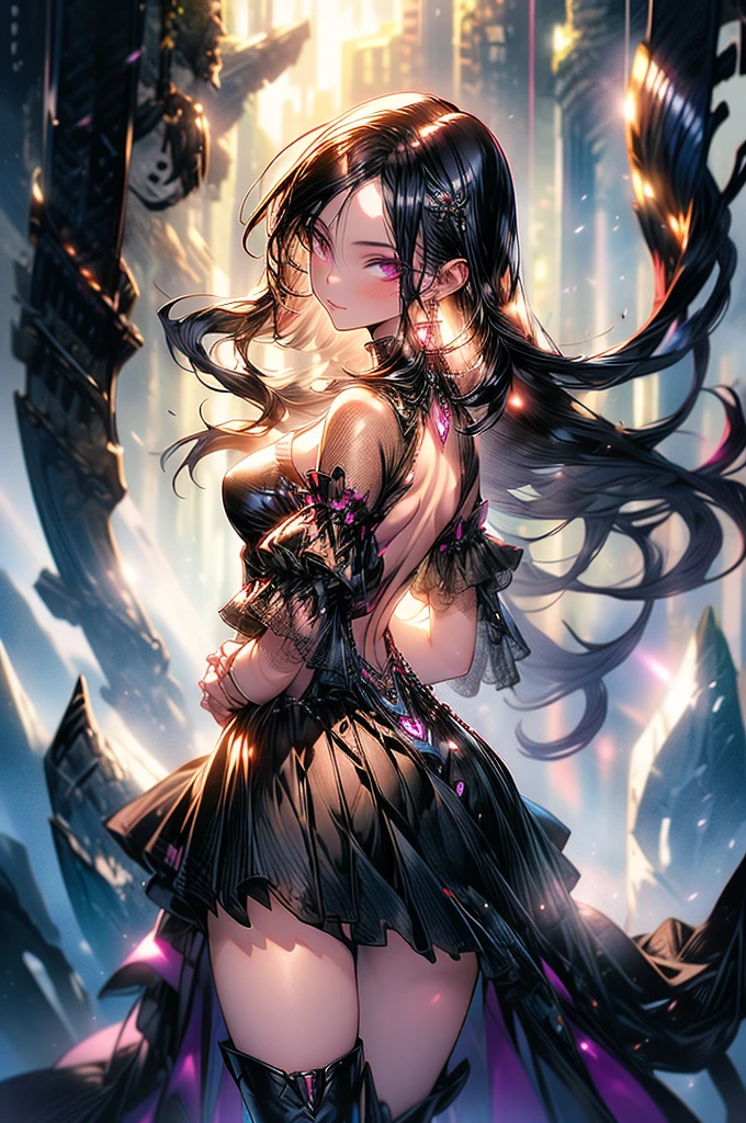 Raw photo, masterpiece, best quality, ultra-detailed, high resolution, extremely detailed CG, unity 8k wallpaper, official art, production art, novel illustration, caustics, textile shading, super detailed skin, perfect anatomy, detailed, cinematic lighting, dynamic lighting, 4k image, anime style, beautiful young girl, casual backless oversized cable knitted sweater, thigh-high heeled boots, sharp facial features, lightly tanned white skin, oval shaped face, arrogant and disdainful expression, cherry pink lips. big dark and mesmerizing velvet colored eyes, sleek dark violet-black hair, 18 year old, solo girl, C-cup breasts, beautiful distinct image, hourglass figure, tall height(180cm). slim curves, narrow waist, perky round ass, casual forestry and nature modern setting