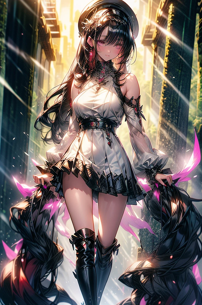1girl in, Naked, Animal ears, Purple eyes, Brown hair, Wings, Solo, Long hair, blush,leather jackets,a smile,huge tit,girl, Cat ears, Flowers, Looking at Viewer, Braids, the bow, slutty dress, pink flowers, the bow, a beauty girl,Hair Accessories, Bangs, Cats, Hair Flower, Animal ear hair, Holding, Virtual Youtuber, blue bow, holding animal, catwoman, stuffed toy