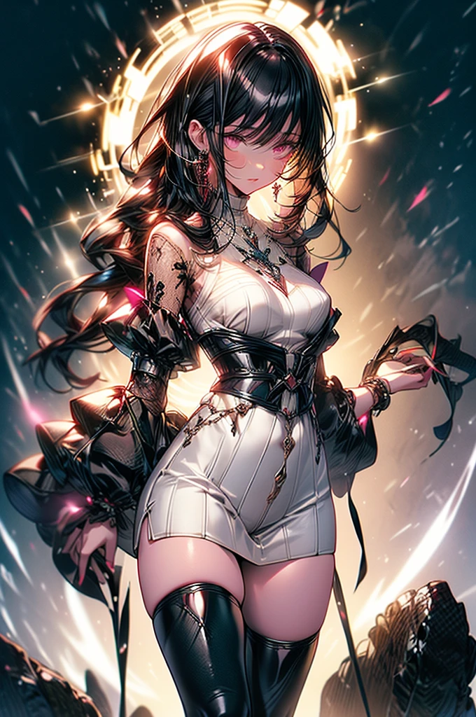 Raw photo, masterpiece, best quality, ultra-detailed, high resolution, extremely detailed CG, unity 8k wallpaper, official art, production art, novel illustration, caustics, textile shading, super detailed skin, perfect ???????, detailed, cinematic lighting, dynamic lighting, 4k image, anime style, beautiful young girl, casual backless oversized cable knitted sweater, thigh-high heeled boots, sharp facial features, lightly tanned white skin, oval shaped face, arrogant and disdainful expression, cherry pink lips. big dark and mesmerizing velvet colored eyes, sleek dark violet-black hair, 18 year old, solo girl, C-cup breasts, beautiful distinct image, hourglass figure, tall height(180cm). slim curves, narrow waist, perky round ass, casual forestry and nature modern setting