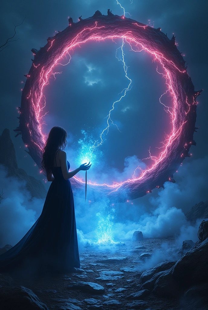 Nuit noir avec un portail surnaturel rond et noir et rose et bleu avec des eclairs de magie et de la fumé au sol et une femme de dos qui tien un colier bleu dans sa main dans un lieu sombre