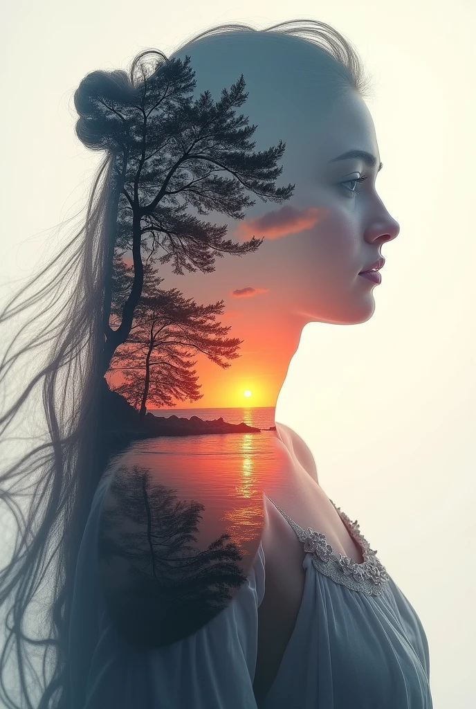 high quality, 8K Ultra HD, A beautiful double exposure that combines an goddess silhouette with sunset coast, sunset coast should serve as the underlying backdrop, with its details incorporated into the goddess , crisp lines, The background is monochrome, sharp focus, double exposure, by yukisakura, awesome full color,