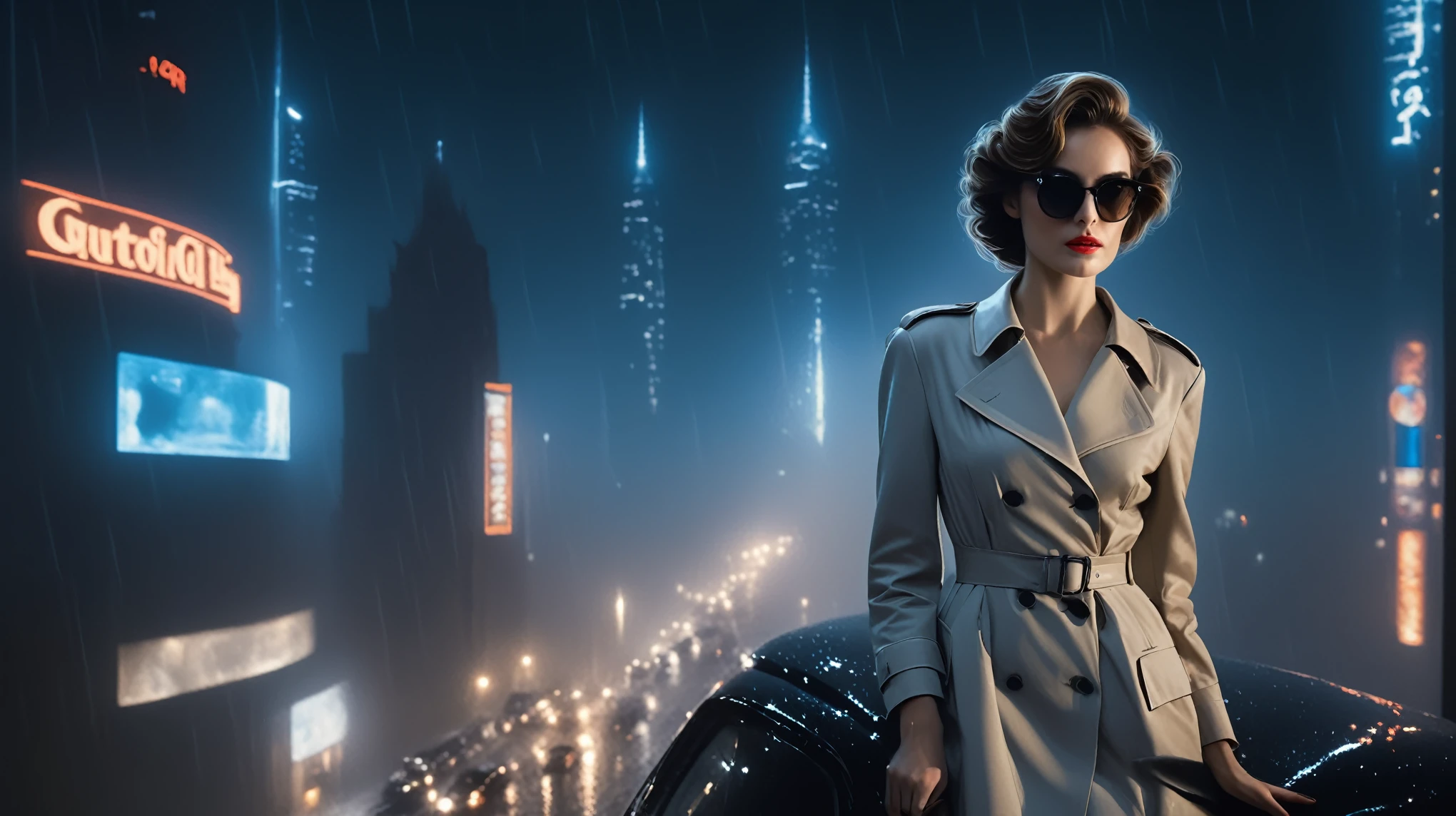 (Hyper-realistic photograph:1.4), Captivating scene under the rain at night on a rooftop, year 1937 cars on street, flying cars, a sexy slim woman, large breast cleavage, with short brown hair, three-quarters view, Black trench coat, (black sunglasses, holding a short gun), with a dark rainy city landscape in background, blue eyes, photography style, (half-body shot:1.3), (contemplative expression:1.2),(well-lit:1.2) Extremely Realistic, serendipity art, (sharp focus:1.3), intricate details, highly detailed, by God himself, original shot, masterpiece, detailed and intricate, Movie Still, guttojugg1