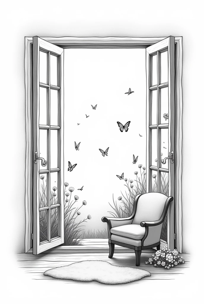 Create a very minimalist and delicate black and white illustration for a tattoo with fine lines of an open vintage window where outside you can see a flower garden with butterflies and inside the window there is a cozy room with an armchair, rug and side table supporting a hot coffee