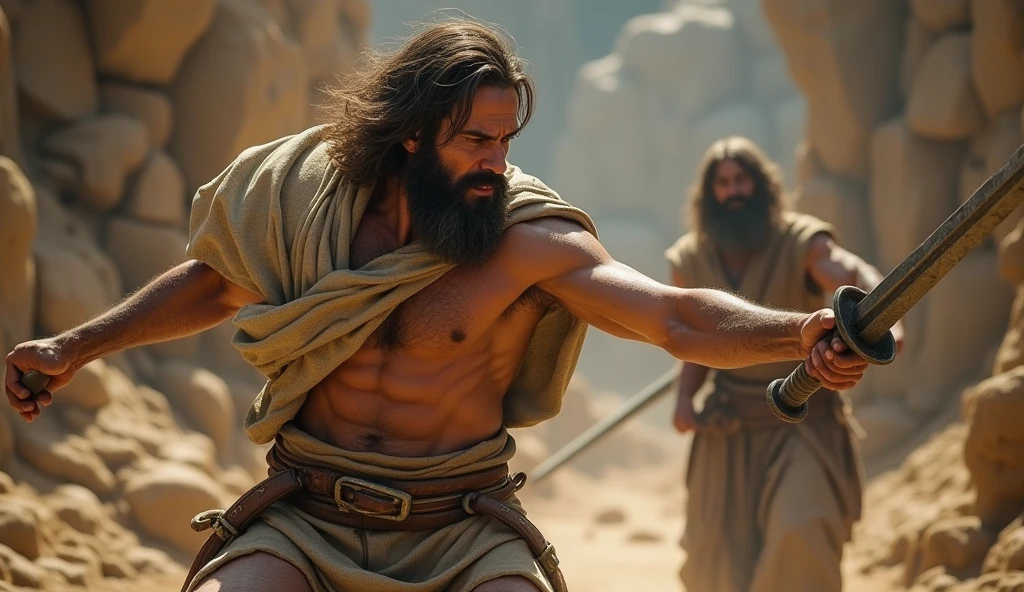 (best quality: 1.4), (Ultra Highres: 1.2), (photorealistic: 1.4), (8k, RAW photo: 1.2). The description of the Samaritan man's physical appearance is not detailed in the biblical narrative, but her Samaritan origin suggests she likely had similar characteristics to other people in the region. Without historical-cultural context, the story of the man with a rustic Samaritan appearance, he appears to be a rustic man, he is in a battle of swords