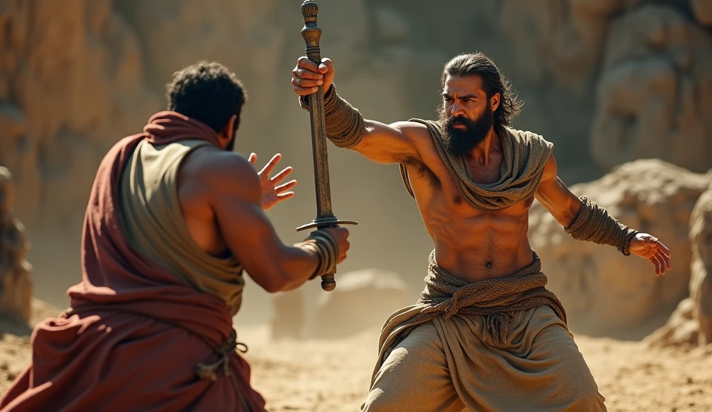 (best quality: 1.4), (Ultra Highres: 1.2), (photorealistic: 1.4), (8k, RAW photo: 1.2). The description of the Samaritan man's physical appearance is not detailed in the biblical narrative, but her Samaritan origin suggests she likely had similar characteristics to other people in the region. Without historical-cultural context, the story of the man with a rustic Samaritan appearance, he appears to be a rustic man, he is in a battle of swords
