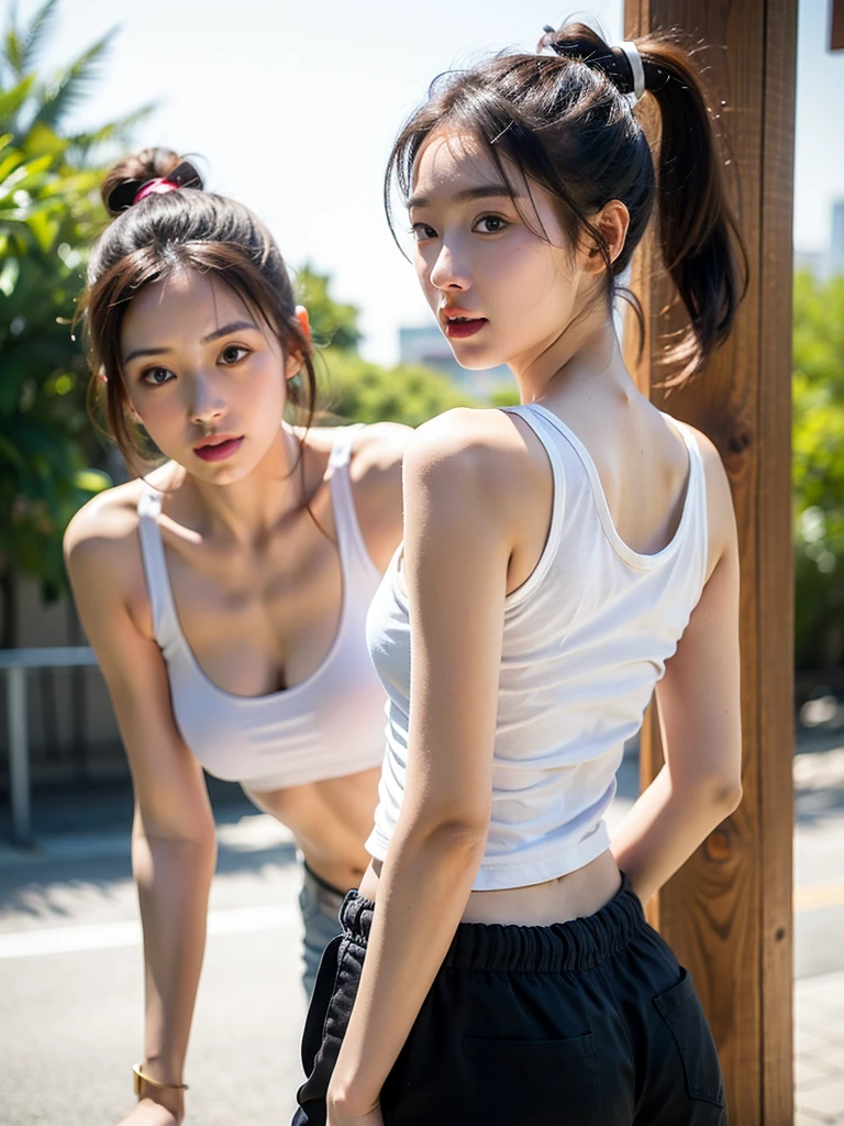 ((best quality)), ((masterpiece)), (detailed), perfect face, perfect body, beautiful korean beauty, tank top, Hot pants, park, ponytail, Karina, lively expression, full body photo,