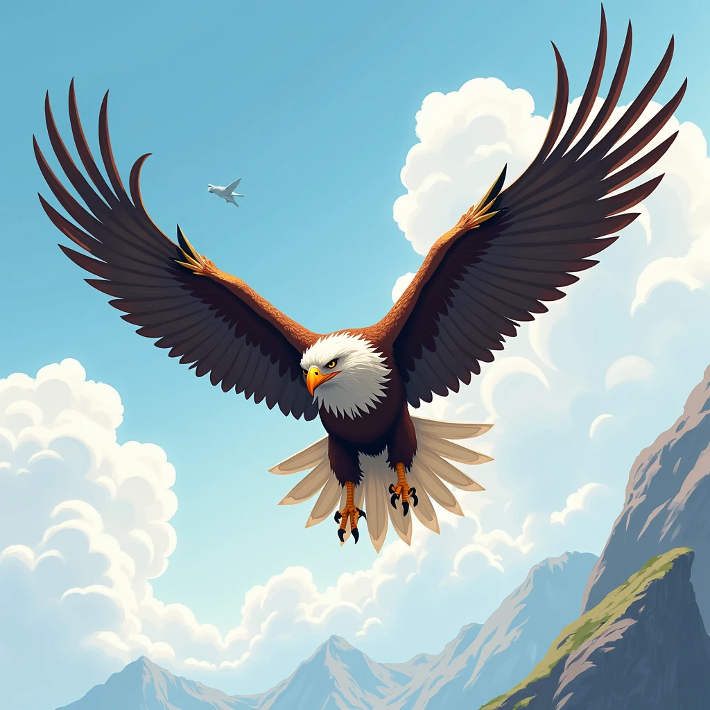 Illustrate a majestic eagle in flight, with its wings spread wide and detailed feathers, using bold lines and gradients to emphasize its strength and grace.