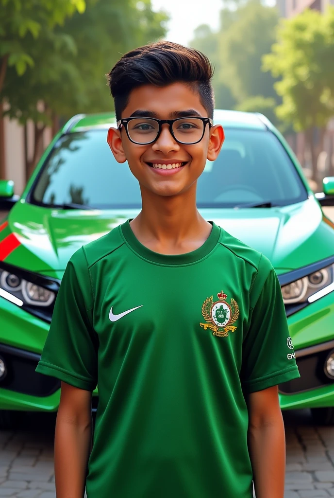 A Honda civic 2020 with a boy standing in front of it wearing Pakistan jersey  and glasses on eyes having name Sheraz also the car should have Pakistan flage color all over the car