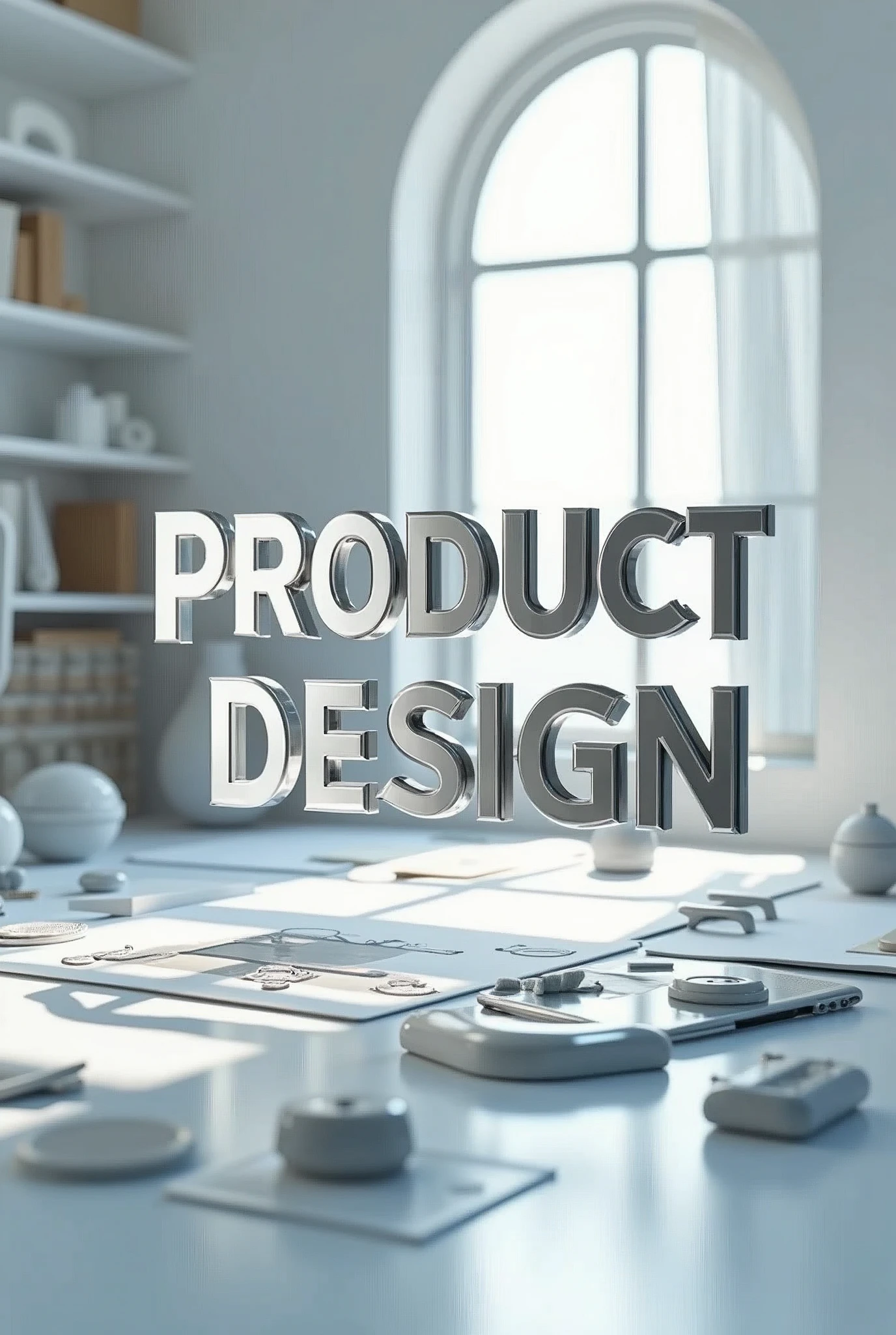 1024x1024",
    "prompt": "A modern 3D render showcasing a minimalist, well-lit design studio environment. In the center, the words 'Product Design' appear in floating, polished metallic 3D letters. Surrounding the text are various 3D models of innovative products, in different stages of design, from sketches to wireframes to fully rendered objects. The setting includes elements of a high-tech workspace, with holographic screens, design tools, and a futuristic aesthetic. The lighting emphasizes the textures and forms, with soft shadows and dynamic reflections."