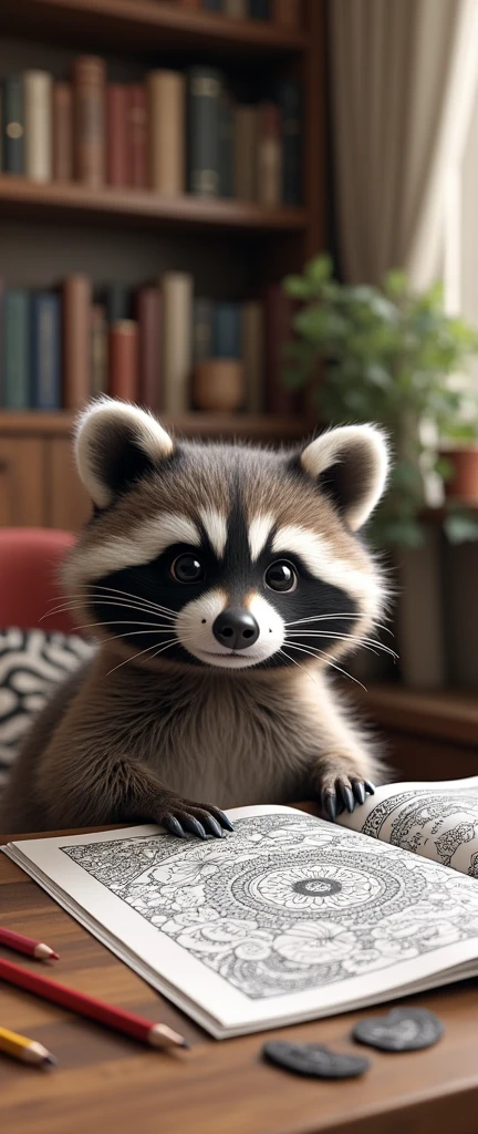 An enchanting and endearing 3D render of a fluffy baby raccoon, seated comfortably at a charming wooden table adorned with a coloring book and pencils. The raccoon, with its wide-eyed curiosity and innocent expression, is engrossed in a grown-up coloring book filled with intricate tribal patterns and captivating Zendoodle elements. The background reveals a cozy, well-lit room with floor-to-ceiling bookshelves, creating a warm and inviting atmosphere. The raccoon's delightful presence and the intricate details of the coloring book transform this image into a delightful and conceptual masterpiece., conceptual art, photo, 3d render