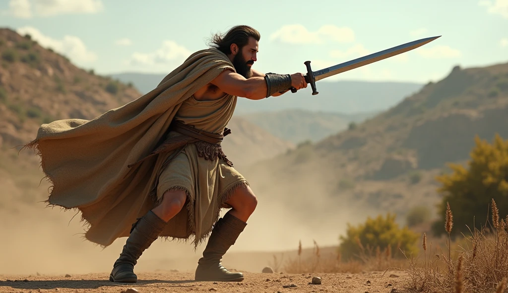 (best quality: 1.4), (Ultra Highres: 1.2), (photorealistic: 1.4), (8k, RAW photo: 1.2). The description of the Samaritan man's physical appearance is not detailed in the biblical narrative, but her Samaritan origin suggests she likely had similar characteristics to other people in the region. Without historical-cultural context, the story of the man with a rustic Samaritan appearance, he appears to be a rustic man, he is in a battle of swords