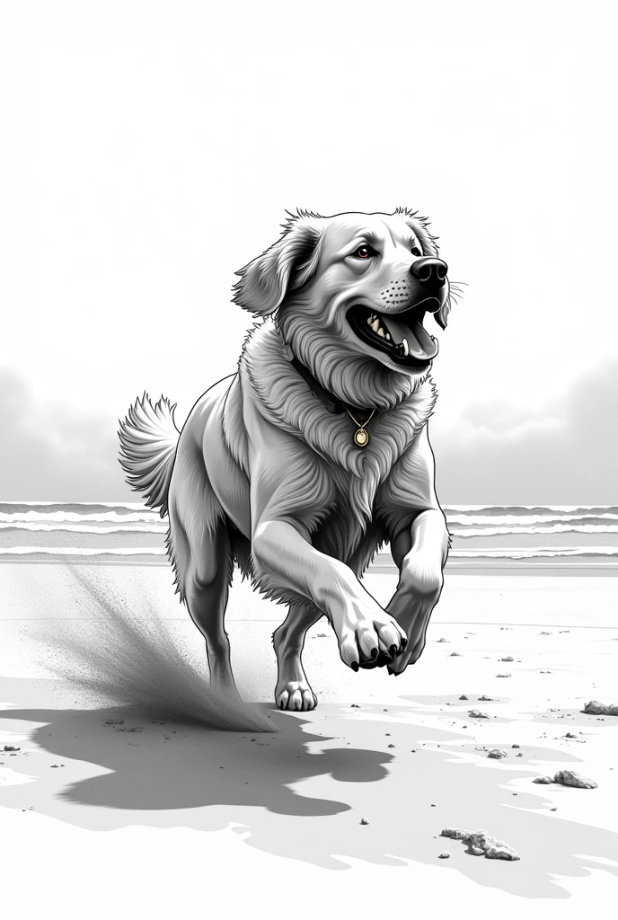 Very furry Golden Retriever running on the beach in black and white vector