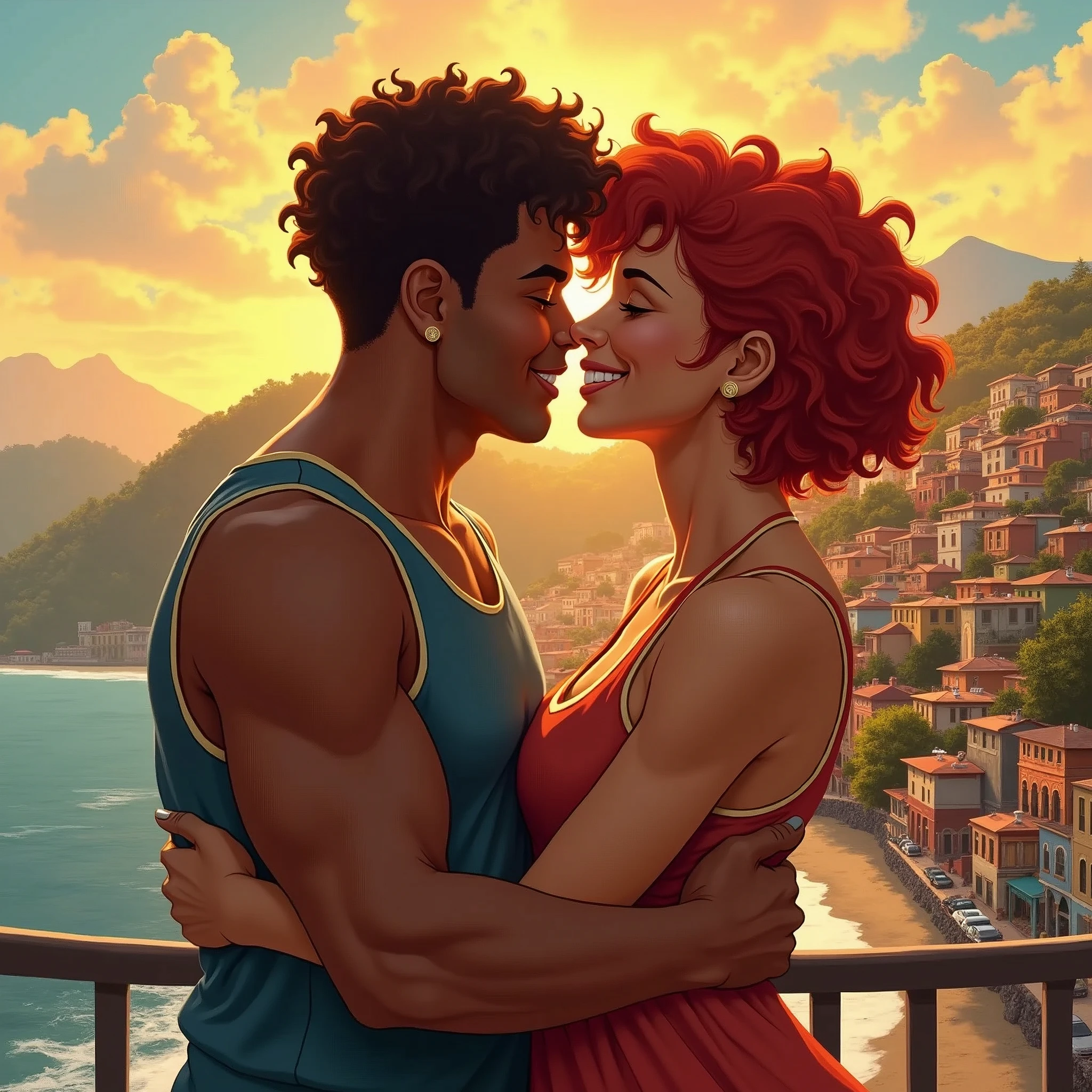 Representation of much love and happiness between a Chilean and a Colombian with dark skin, short dark red hair, both with thick body, en Valparaiso Chile