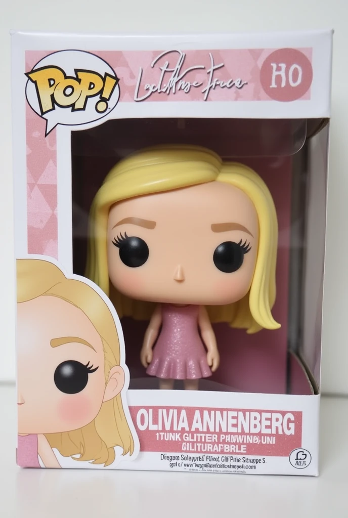 funko pop in white pop box,   blonde with a light pink glitter set and the name Olivia Annenberg on the box and no makeup white background with medium length golden blonde hair 