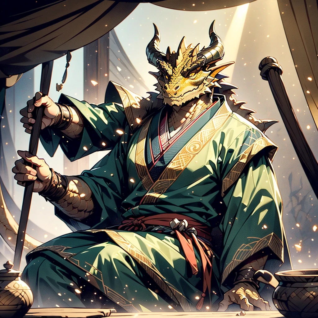 ((pot-bellied fat Dragonborn, yellow-brown scales, dragon features, dragon face, long gold horns)),  (expensive Asian clothes similar to a kimono, light-colored  Japanese clothes), RPG portrait, high details, best quality, 8k, [ultra detailed], dynamic angle, ultra wide shot, dynamic shot, gacha splash art,, dnd art, fantasy art, a wide angle picture of a dragonborn bard relaxed sitting,with a gray mustache, gray eyebrows and a gray short beard on his dragon muzzle, small head, big fat body (intense details, Masterpiece, best quality: 1.5), D&D dragonborn, ocher color scales dragonborn, reptilian eyes, wearing light Asian multi-layered clothes, light Asian layered clothes, fluttering clothes, dynamic colors,   behind the scenes of the theater surrounded by wooden painted decorations, dust particles shimmering in the rays of light, cozy dark lighting, soft shadows, a Enchanting and peaceful atmosphere, melancholic, wise, kind, The background  in black-red-white tones, Looking at the camera