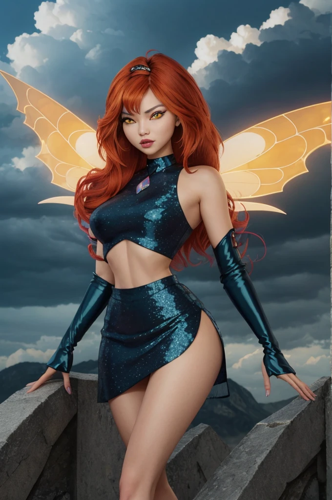 Winx Club Dark Bloom, alone, ((pitiful)),Dark Blossom, Red hair, yellow  eyes, boots, black skirt, gloves, black shirt, wings, glittery clothes, ​masterpiece, best quality, Optimize_beautiful eyes:0.8 with an approaching thunderstorm in the background, Flock of migratory birds passing through,brainwashing,big boobs,erotic positioning,willpower attitude