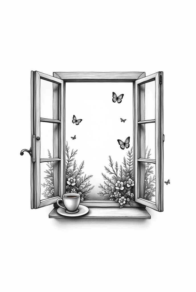 Create a very minimalist and delicate black and white illustration for a tattoo with fine lines of an open vintage window where outside you can see a flower garden with butterflies and inside the window there is a cozy room with an armchair, rug and side table supporting a hot coffee