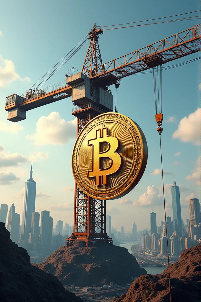 Crane carrying giant bitcoin
