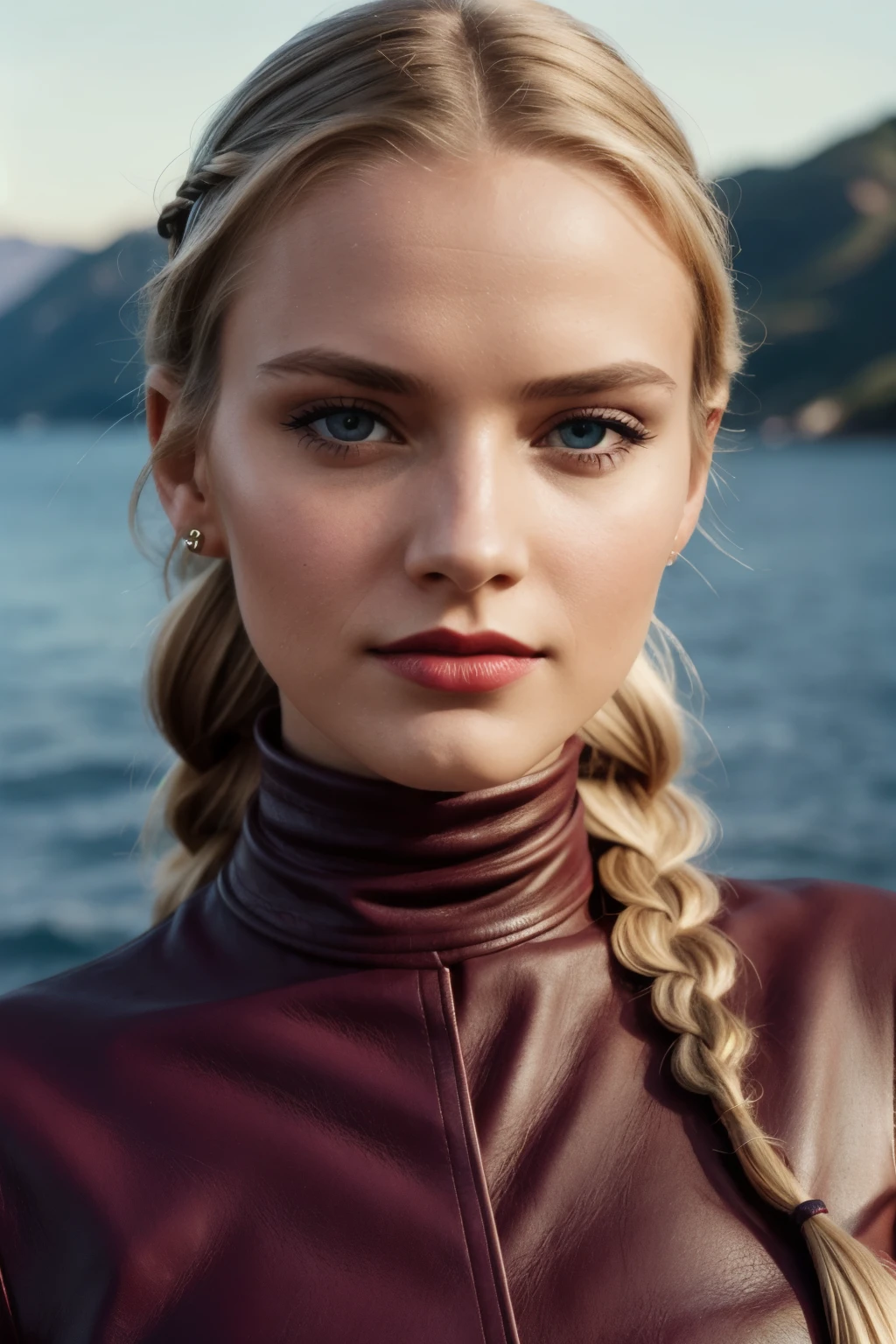 woman, smile, high neck dress, warm light, shadows, Photograph of a 25 year old woman, (ambivalent facial expression), face looking at camera, full face, portrait, faces are visible more, and the eyes look straight, textured leather, goosebumps, ash blonde mermaid with braid, Perfect eyes, realistic skin texture, too much sweat, (ektachrome), Velvia 100 color, shot with Leica T, hips, sharp focus on the subject, shot by Peter Lindbergh, bright, fair, realistic look, toka on forehead, nose jewelry, big lips, red lipstick, pink slip,