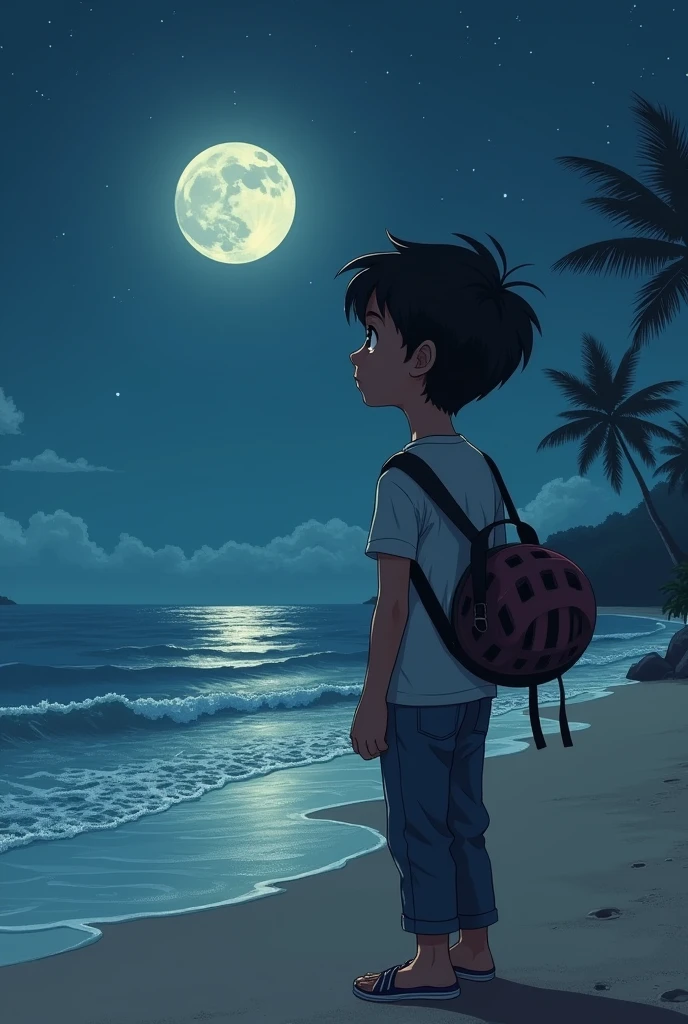 A boy with by bicycle helmet on back facing at the night time beach, make it realistic
