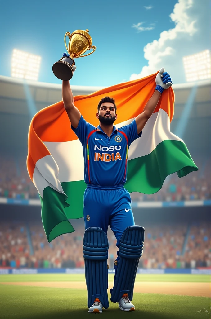 Rohit Sharma lifting the world cup with Indian flag