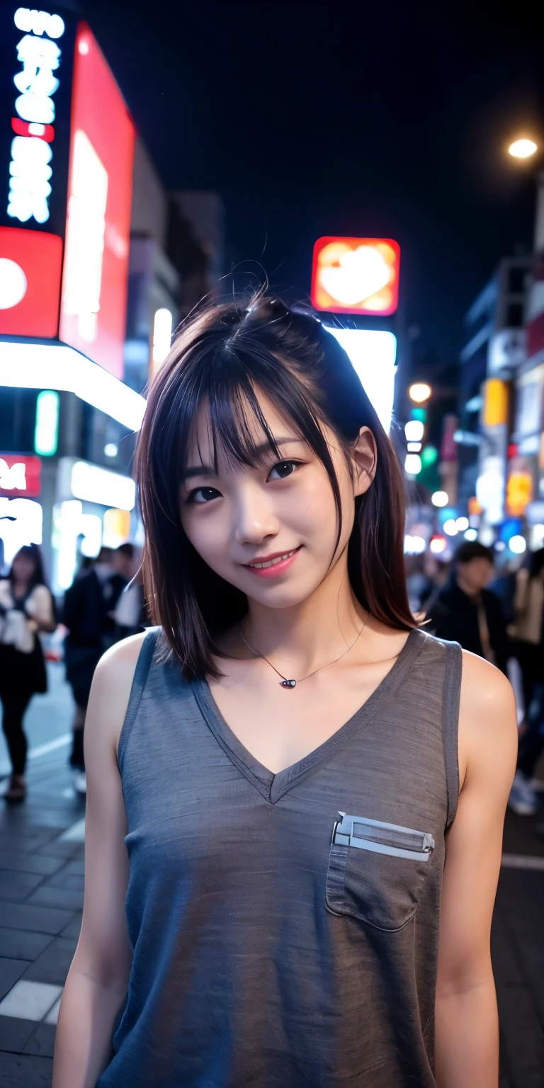 1 person, Tokyo Street,night, Streetscape,City lights,Upper Body,close,smile,, (8k, RAW Photos, Highest quality, masterpiece:1.2),(Realistic, photo-Realistic:1.37),