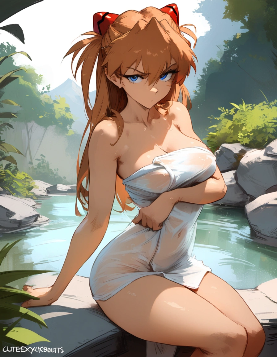 1girl, souryuu asuka langley, neon genesis evangelion
\\\\\ masterpiece, best quality, newest ///// , cutesexyrobutts , khyle, omone hokoma agm \\\\\ thin waist, solo, cropped legs,, dutch angle, naked towel,dark blue eyes, transperent, see-through.  outside border, greenery, stars,  onsen, looking at viewer, sit, disgust, indoors, crossed arms, 