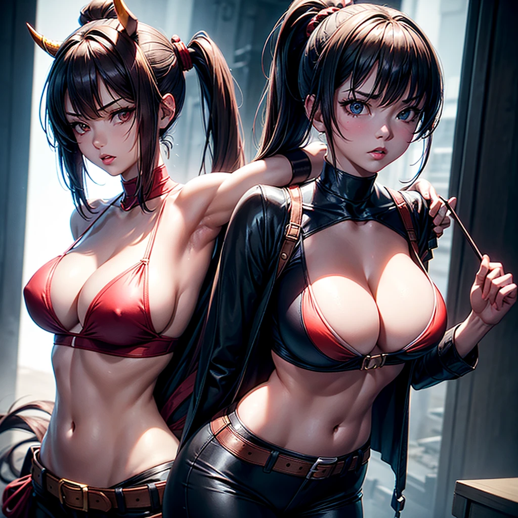 (sketch), (mysterious mood), Score_9, score_8_up, score_7_up, 2girl, 2 beautiful young women with long hair, breasts, looking at the viewer, large breasts, brown hair, cleavage, bare shoulders, cleavage, brown eyes, Shut up, upper body, ponytail, red Japanese clothes, sleeveless, high-cross legs, hips, collar, blur, arms, lips, bangs, belt, high ponytail, rope, armband, fighting pose, ninja, Mai Shiranui, Cleavage, large breasts, exposed bikini breast details, clothing may unintentionally fall apart (fall apart), become embedded (causing clothing to pull on the crotch), crop tops may rip and tops may slip off (causing exposure). Side soft light, highly detailed, masterpiece, delicate skin, Hong Kong style woman, rotten horn ghost mask and retro detailed old turtleneck cyberpunk samurai bikini, translucent amber horns, glowing silver hair, big breasts, cleavage, navel, Surrounded by cyberpunk Japanese street, dark, (surrealism, large depth of field, color, 3D octane rendering, 4k trend, concept art, B0ld01lp41nt, dark theme, charcoal\(center\), photo_b00ster
