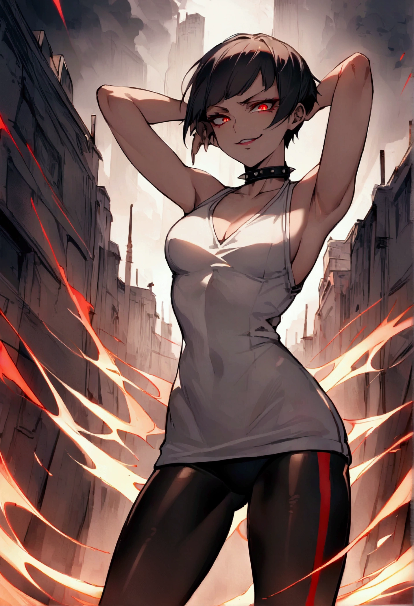 standing,alone,short hair,work of art,face detailed,young fitness linda,Wearing black pantyhose,tight white sweater with collar ,neckleace,evil smile,red eyes glowing,labiaa,eye shadow,bangs on the eyes,Hands behind the head city
