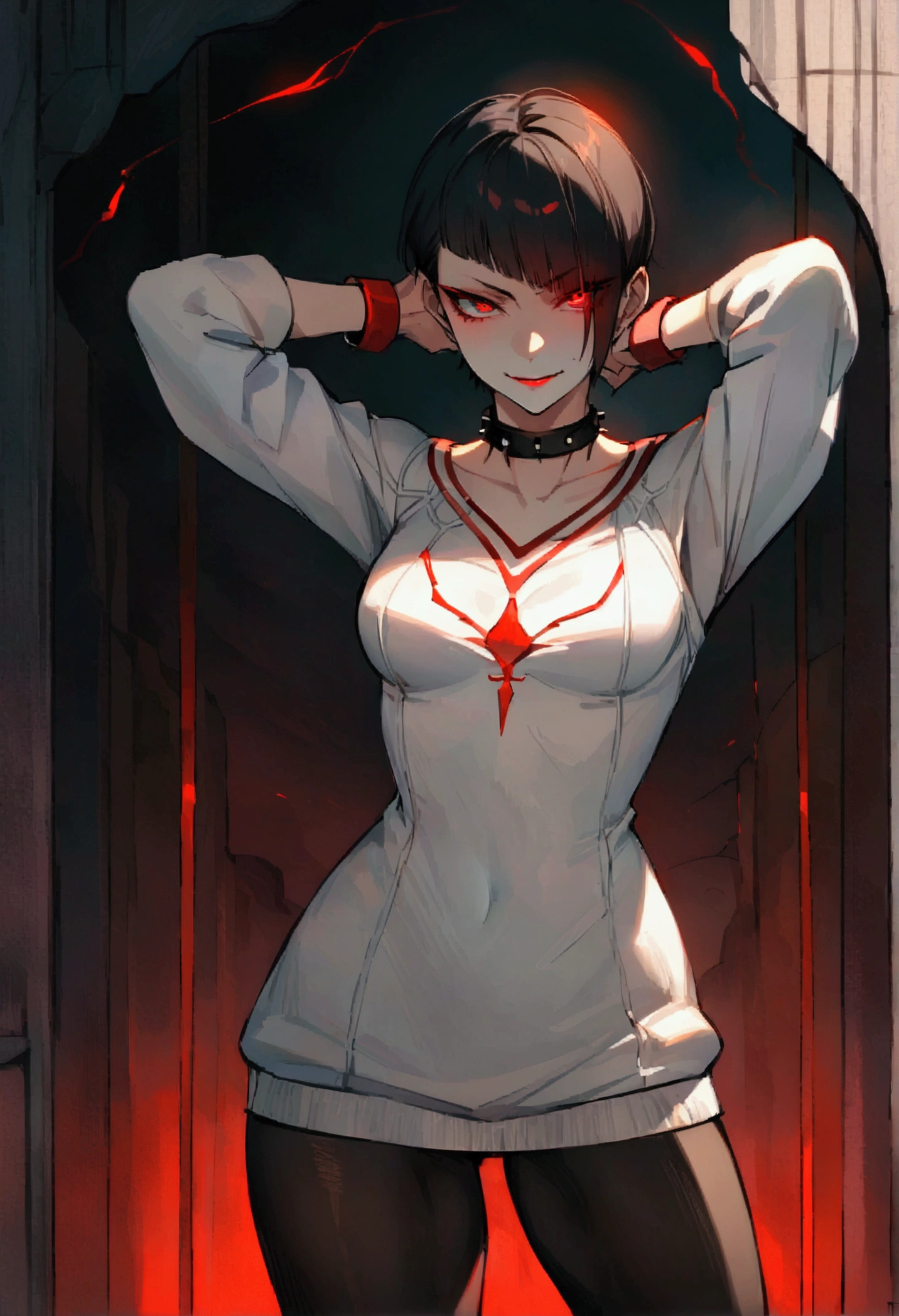 standing,alone,short hair,work of art,face detailed,young fitness linda,Wearing black pantyhose,tight white sweater with collar ,neckleace,evil smile,red eyes glowing,labiaa,eye shadow,bangs on the eyes,Hands behind the head city