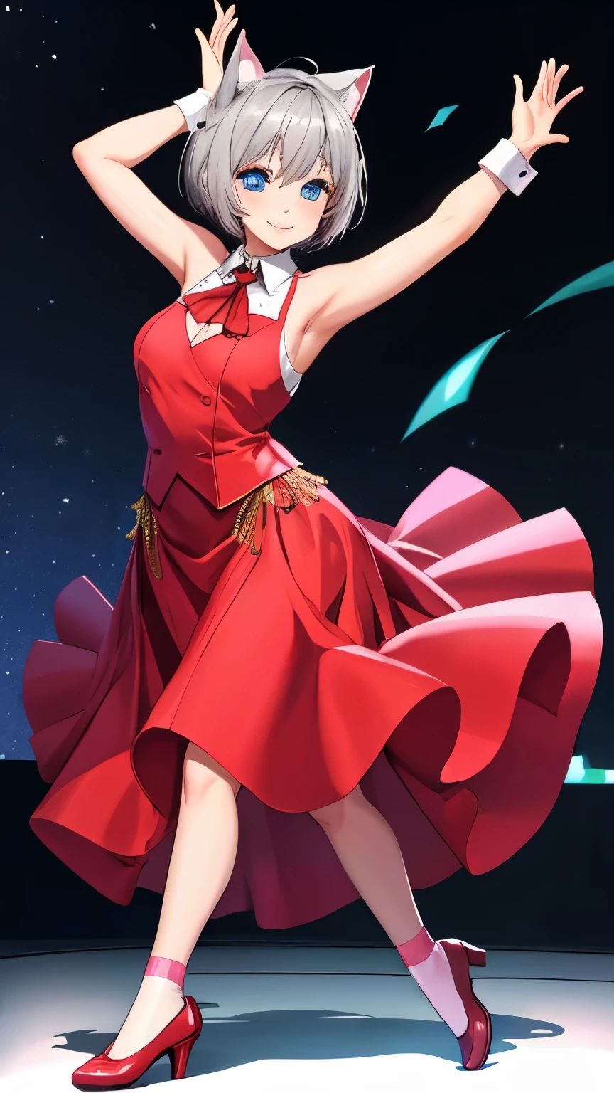 (masterpiece), (best quality), (High quality), BREAK, expressive eyes, BREAK, perfect face, 1girl, (grey cat ears), (medium hair, grey hair, flowing hair: 1.6, hair in motion), ((pixie cut)), BREAK, (big eyes, perfect eyes, blue eyes, thick eyelashes), thin eyebrow, BREAK, ((smile)), BREAK, (short height), BREAK, slim bulid, BREAK, (medium breasts), (clevage), BREAK, view from front, BREAK, (red dress, sleeveless, very long skirt, slited), (pink vest), BREAK, loafers, (black over-the-knee socks)), BREAK, (expressive dancing: 1.7), (full body), (inside ballroom, evening), more_details:-1, more_details:0, more_details:0.5, more_details:1, more_details:1.5,