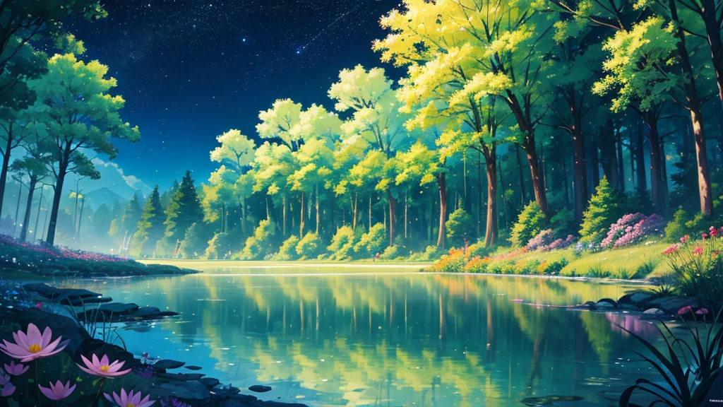/imagine prompt: Viral anime nature wallpaper in 4K quality, in the style of Pixar 3D inspired by Coco, showing a lively forest clearing with colorful flowers, animated trees, and a crystal-clear pond reflecting the night sky; warm and festive color temperature, cosmos lighting with stars twinkling in the sky, no human characters, the atmosphere is magical and joyous --v 5 --stylize 1000