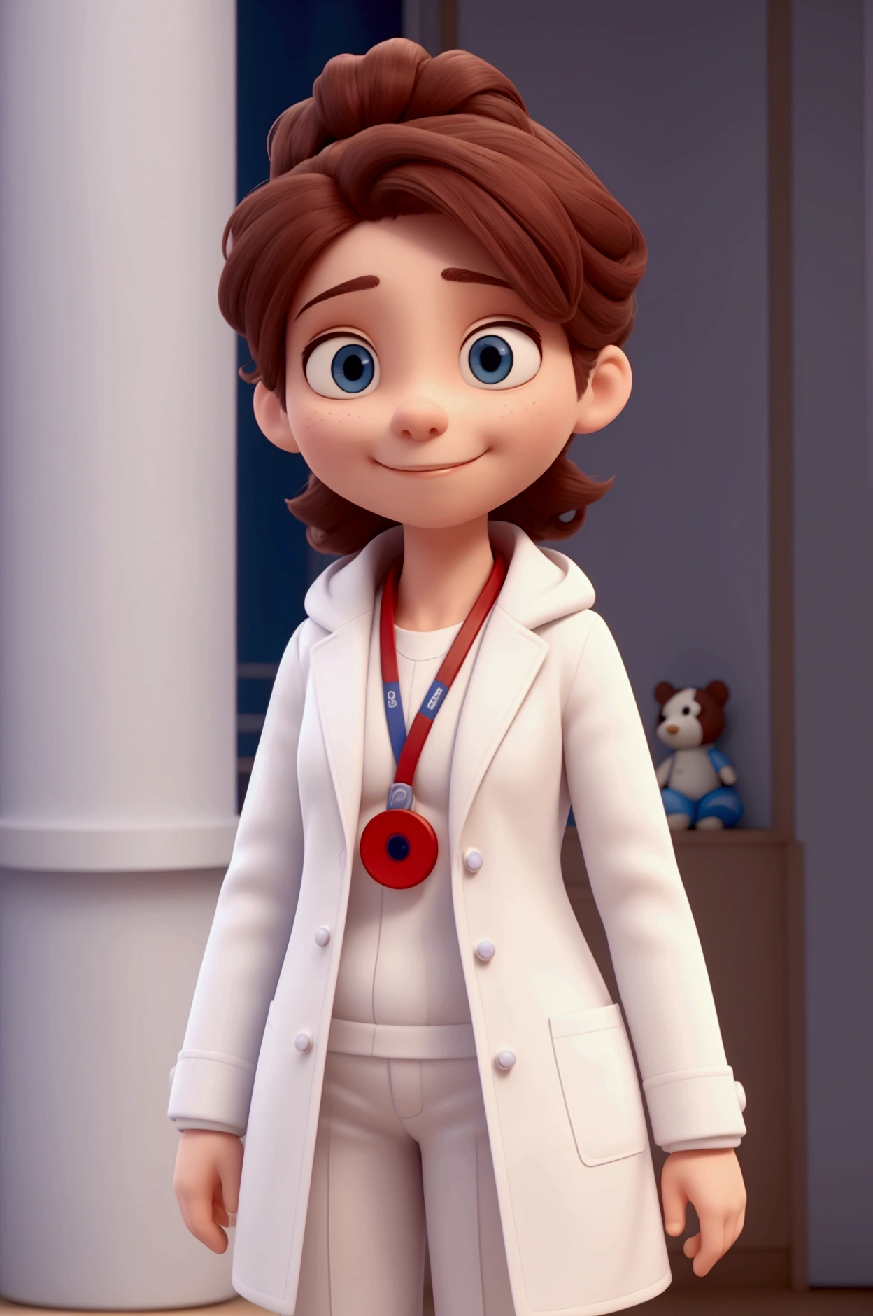  physioterapist, with white coat, with plush toys around, in paris at the olympics 