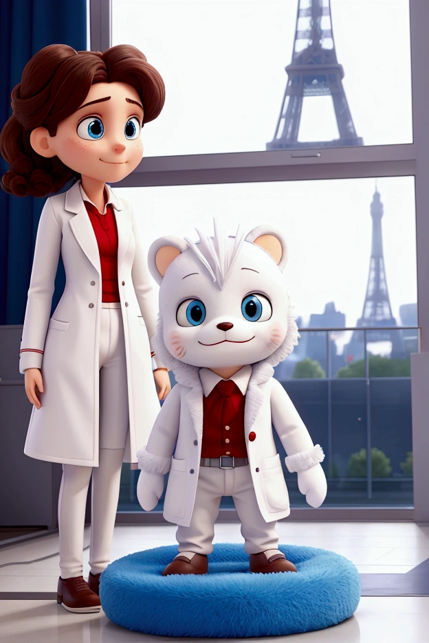 physioterapist, with white coat, with plush toys around, in paris at the olympics