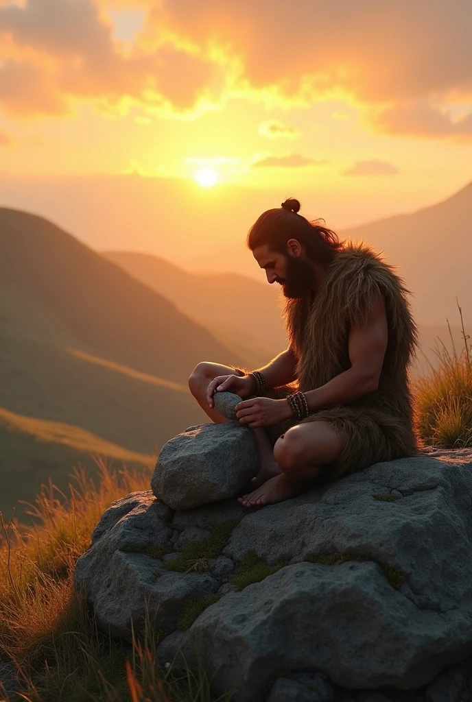 Morning sun rise from hills,stone era man sit and hitting to big stone
