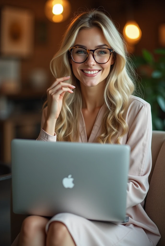 (photorealism:1.2), beatiful european blonde woman with glasses in a skirt sitting with laptop