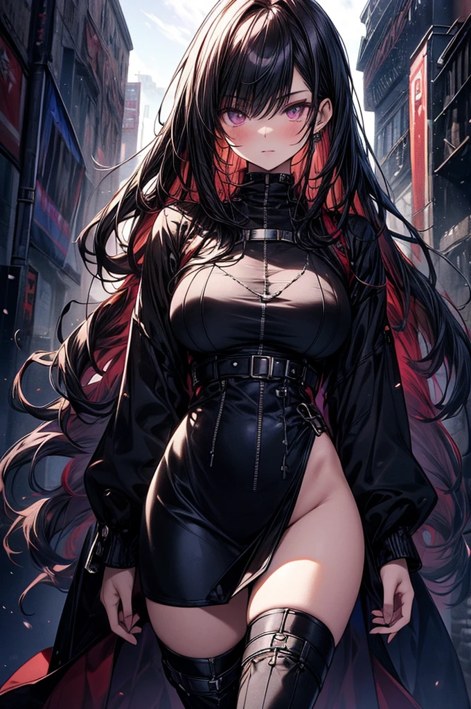 Raw photo, masterpiece, best quality, ultra-detailed, high resolution, extremely detailed CG, unity 8k wallpaper, official art, production art, novel illustration, caustics, textile shading, super detailed skin, perfect anatomy, detailed, cinematic lighting, dynamic lighting, 4k image, anime style, beautiful young girl, casual backless oversized cable knitted sweater, thigh-high heeled boots, sharp facial features, lightly tanned white skin, oval shaped face, arrogant and disdainful expression, cherry pink lips. big dark and mesmerizing velvet colored eyes, sleek dark violet-black hair, 18 year old, solo girl, C-cup breasts, beautiful distinct image, hourglass figure, tall height(180cm). slim curves, narrow waist, perky round ass, casual forestry and nature modern setting