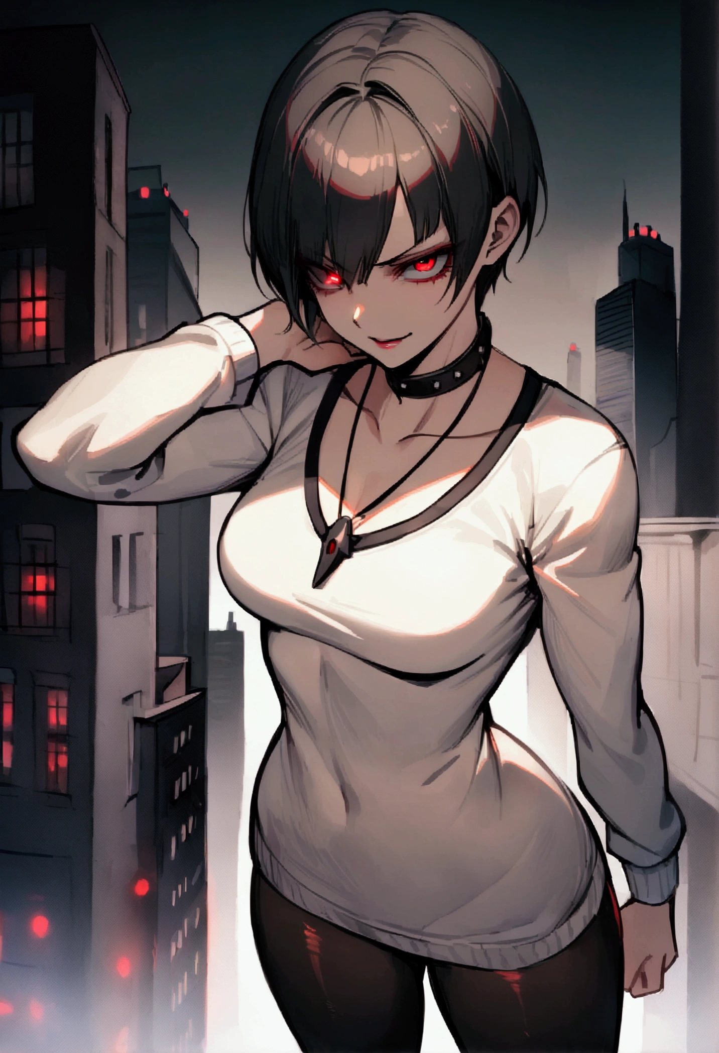 standing,alone,short hair,work of art,face detailed,young fitness linda,Wearing black pantyhose,tight white sweater with collar ,neckleace,evil smile,red eyes glowing,labiaa,eye shadow,bangs on the eyes,Hands behind the head ,background city