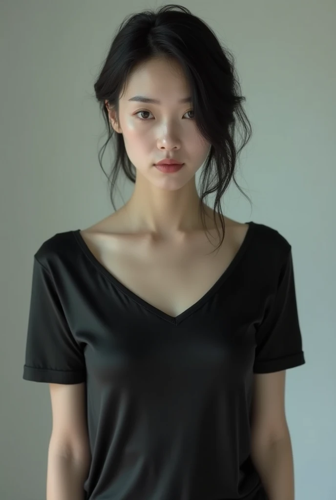Japanese woman, 30 years old, asymmetrical undercut, streight face showing no emotion, thin lips, looking into camera, tight silk tshirt, no bra, standing streight, frontal view, highly detailed face, high resolution, no make-up, photorealistic