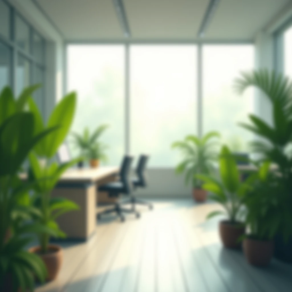 white part background like an office with windows and plants somewhat blurry