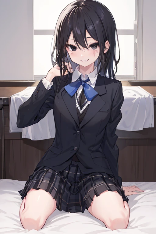 Tabletop、there is nothing、Sharp focus、Attention to detail、Full Body Focus、Sexy pose、Provocative、smile、Inaba_Himeko、One Girl、Black Hair、(black eye:1.3)、school uniform、blazer、Blue Ribbon、shirt、Checked skirt、Put your hands on your skirt、Painful eyes