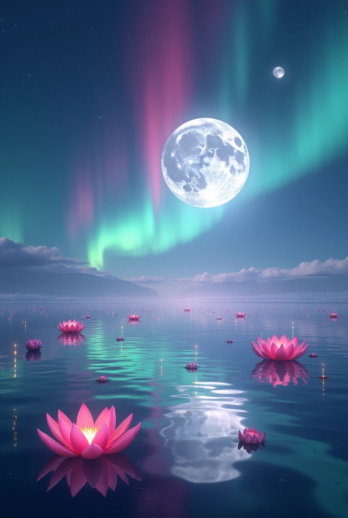 Landscape at sea (only sea, with nothing on the horizon) with a moon above accompanied by northern lights and stars, dark night, with the water shining blue, light blue and green, with brightly colored pink lotus flowers, Fireflies flying and the water with a little movement and with reflections in the water