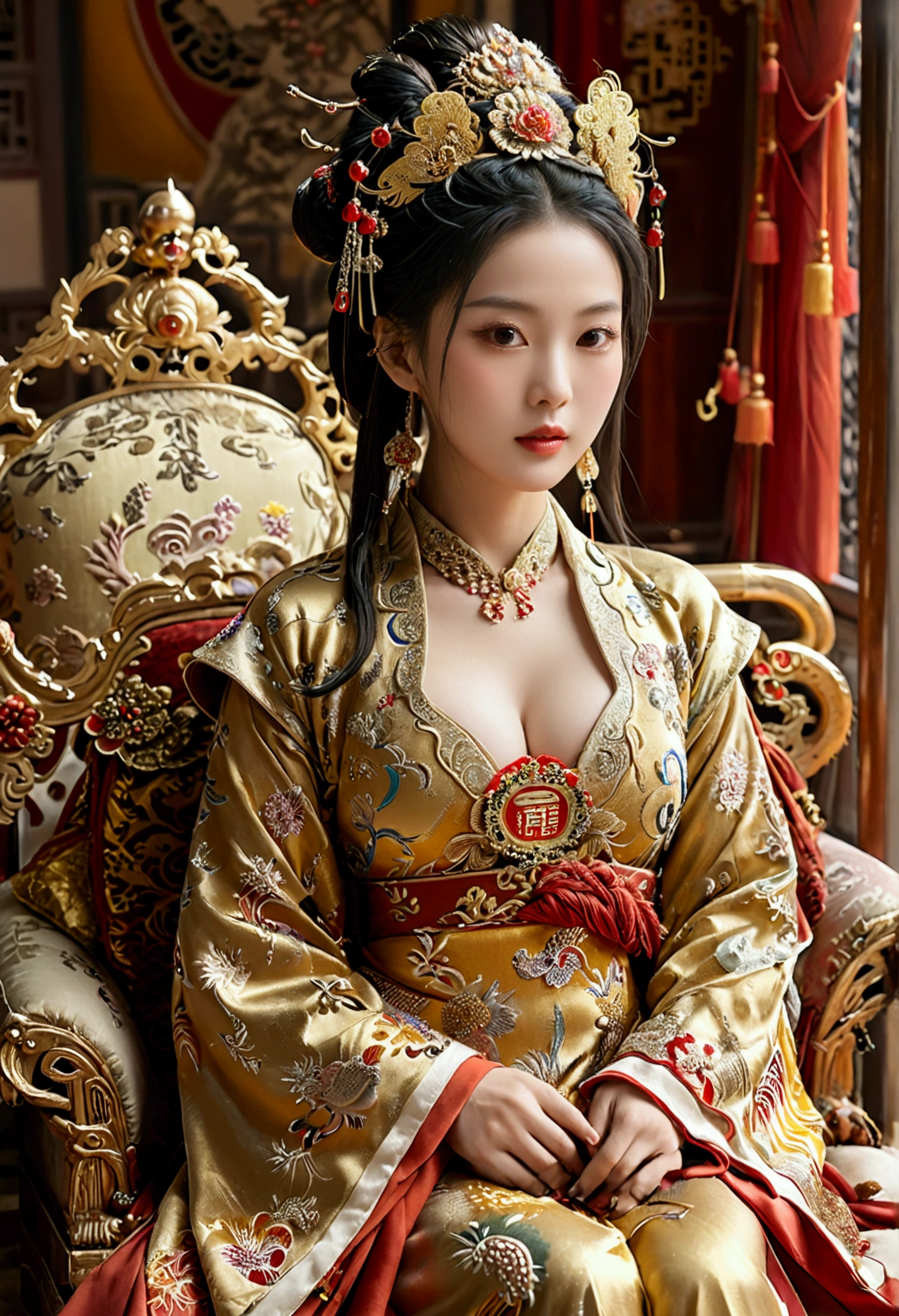 A gorgeous empress of the Chinese court during the Qing Dynasty, naked with big breasts on a golden sofa, spreading one's legs open wide with knees bent,creating the shape of the letter M(Porn Pose) A gorgeous Chinese imperial empress with her hair tied on both sides and wearing a crown、Background of kinky and erotic woman tying her hair、The story is set in the luxurious rooms of an empress in the Chinese imperial court during the Qing dynasty.。