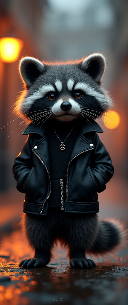 A mesmerizing and conceptual 3D render of Vampire Gray, a charmingly fluffy baby raccoon. This adorable creature is clad in a trendy black leather jacket, exuding a touch of edgy charisma. Vampire Gray's fur is a distinctive vampire gray shade, adding a mystical charm to its appearance. The background depicts a dimly lit, urban landscape with a warmly glowing streetlight, setting the scene in a cozy and captivating atmosphere., conceptual art, photo, 3d render