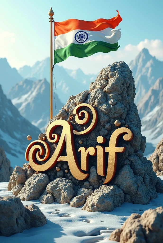 3d Arif calligraphy in the mountains with Indian flag