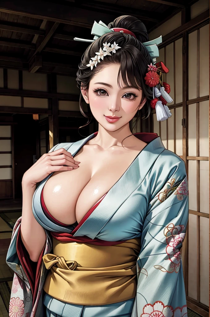 (Browsing Caution), (RAW Photos), (Realistic), (Photorealistic), Ultra-high resolution, masterpiece, Highest quality, Portraiture, facial Portraiture, Perfect lighting, Detailed lighting, Dramatic Shadows, Ray Tracing, Pure Eros Face_v1, Urzan-6500-v1.1, ((gentle smile)), ((upper body:1.2)), ((random sexy pose)), looking at viewer, ((wearing a kimono)), ((in old Japanese shinto)), ((background with blizzard:1.2)),