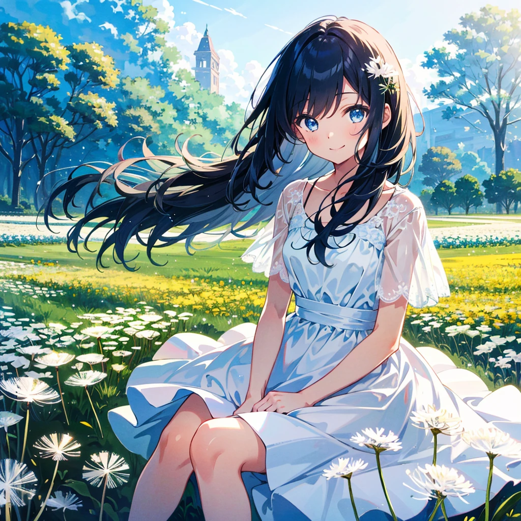 1girl,tiny,blue eyes,blue long hair,bangs,solo,smile,white dress,flower field,sit,(floating Dandelion fluff),