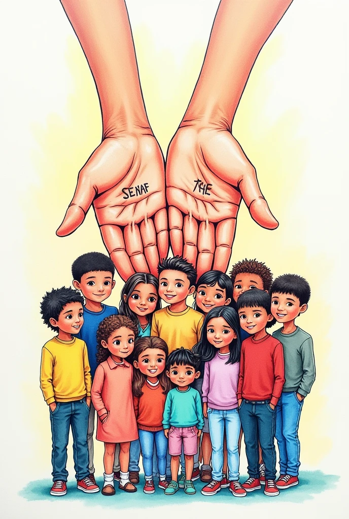 Coloring drawing of boys and girls and agers welcomed by a pair of hands that together form a roof on which SENAF is written